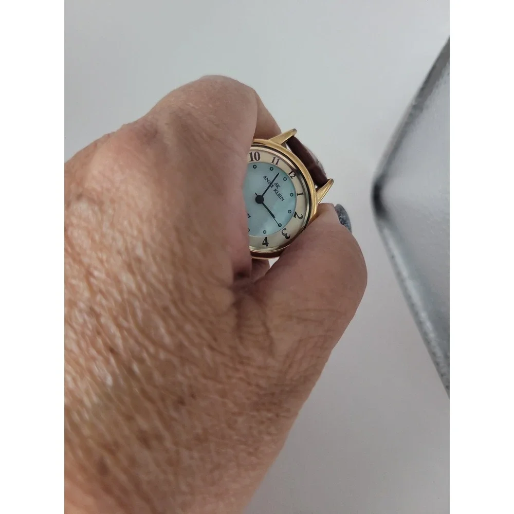 Vintage Anne Klein AK Instalite Quartz Watch Gold Tone‎ White Dial Brown Leather